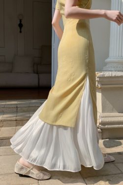 A-line Long Dress with Slip Under Qipao, Flowing Hem, Elastic Waist, Vintage Versatile Design, Slimming Fit, Perfect for Any Occasion