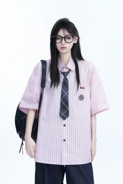 Academy Style Blue Vertical Striped Short Sleeve Shirt for Women, Unique Loose Summer Top, Trendy Casual Fashion