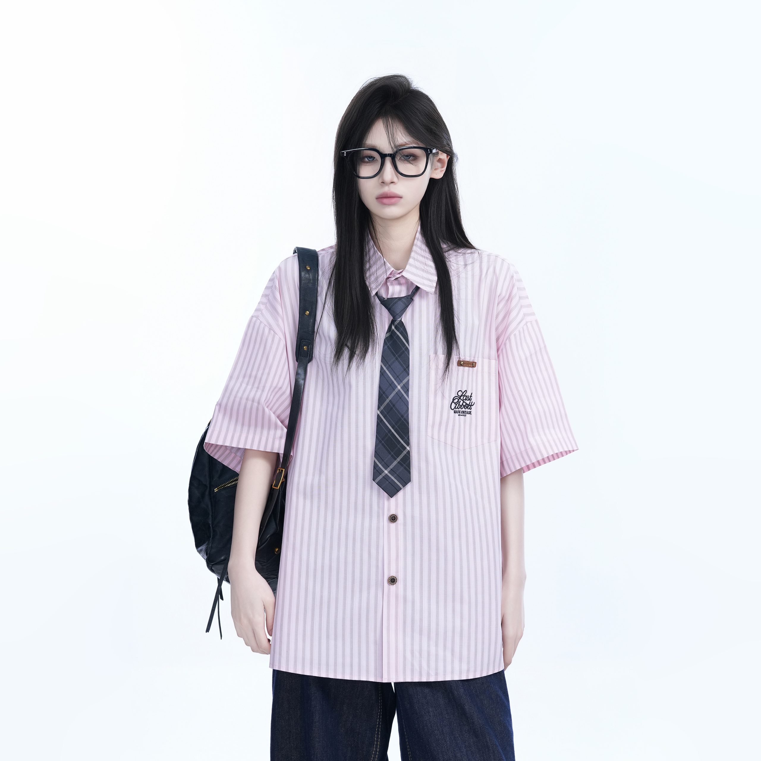 Academy Style Blue Vertical Striped Short Sleeve Shirt for Women, Unique Loose Summer Top, Trendy Casual Fashion Academy Style Blue Vertical Striped Short Sleeve Shirt for Women, Unique Loose Summer Top, Trendy Casual Fashion