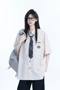 Academy Style Blue Vertical Striped Short Sleeve Shirt for Women, Unique Loose Summer Top, Trendy Casual Fashion