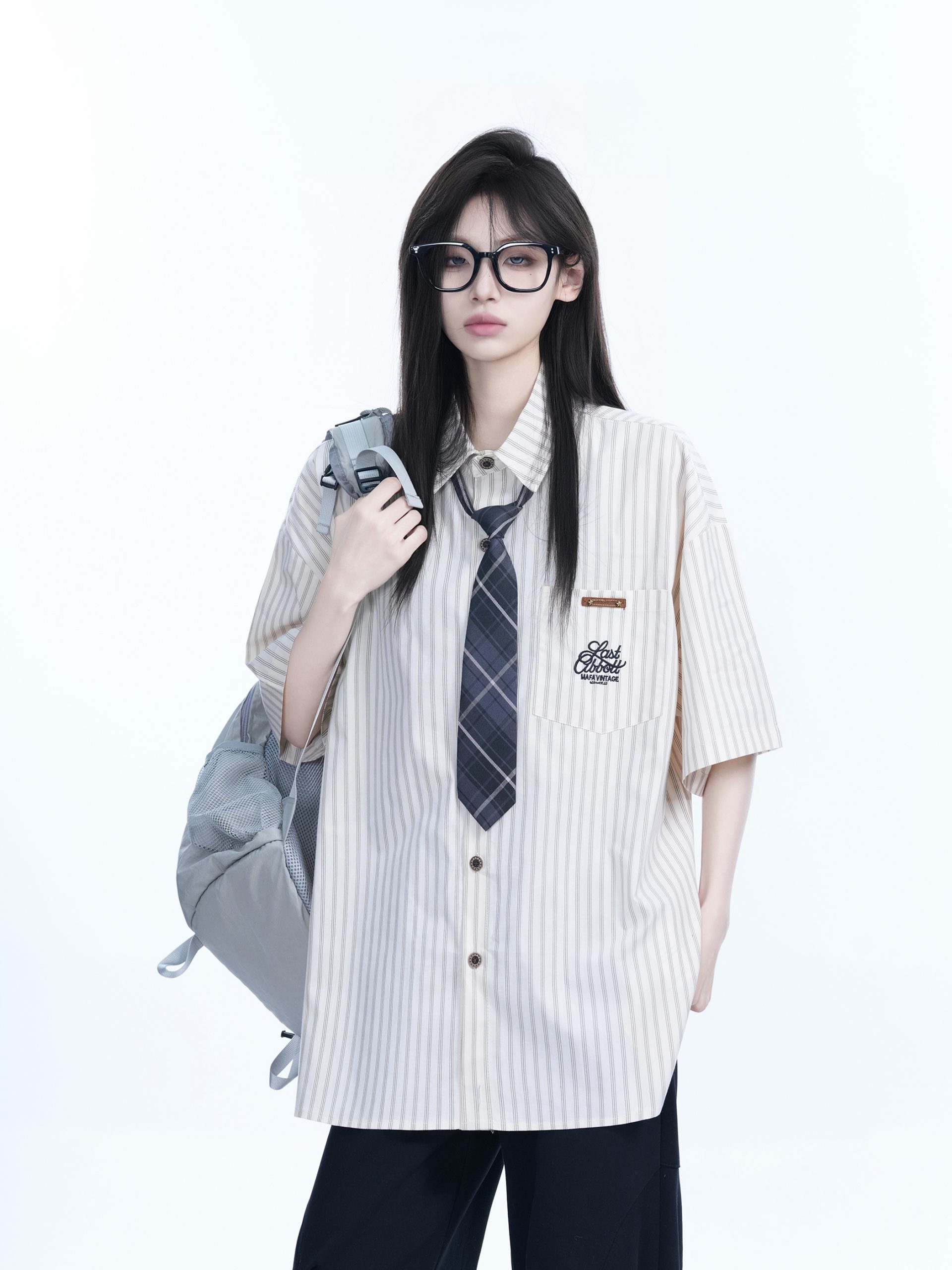 Academy Style Blue Vertical Striped Short Sleeve Shirt for Women, Unique Loose Summer Top, Trendy Casual Fashion Academy Style Blue Vertical Striped Short Sleeve Shirt for Women, Unique Loose Summer Top, Trendy Casual Fashion