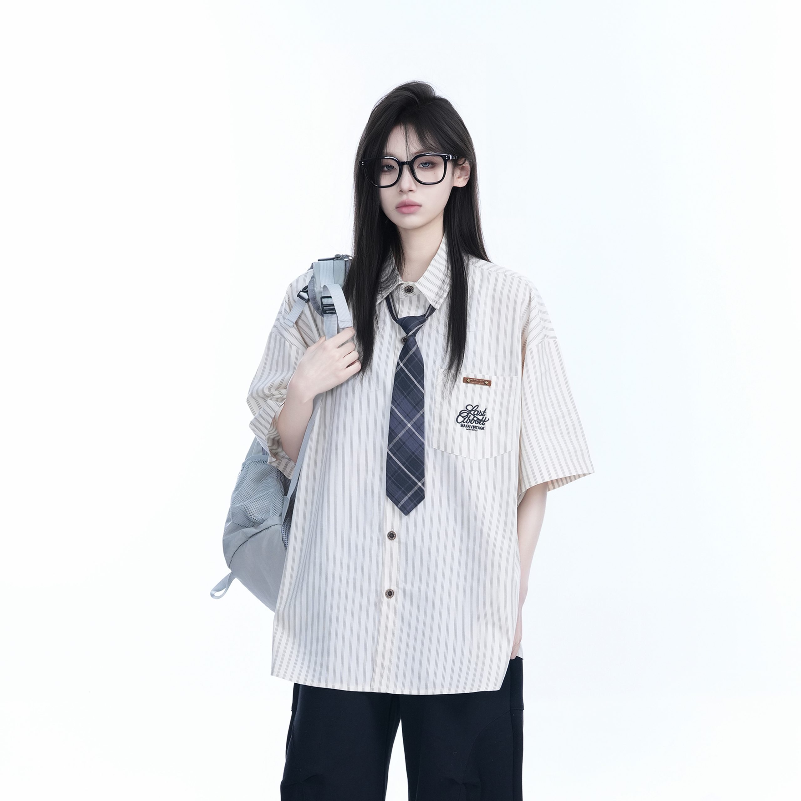 Academy Style Blue Vertical Striped Short Sleeve Shirt for Women, Unique Loose Summer Top, Trendy Casual Fashion Academy Style Blue Vertical Striped Short Sleeve Shirt for Women, Unique Loose Summer Top, Trendy Casual Fashion