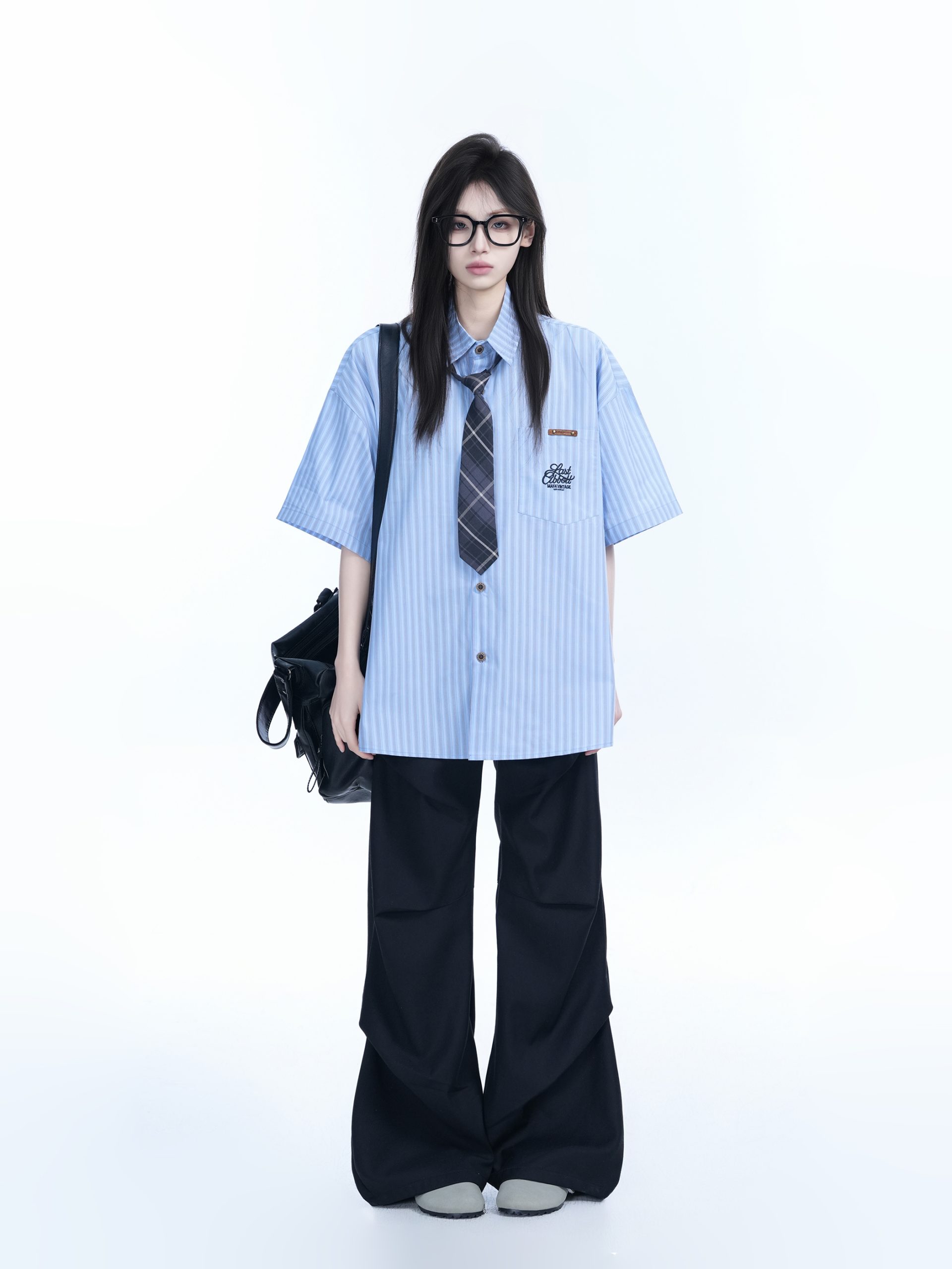 Academy Style Blue Vertical Striped Short Sleeve Shirt for Women, Unique Loose Summer Top, Trendy Casual Fashion Academy Style Blue Vertical Striped Short Sleeve Shirt for Women, Unique Loose Summer Top, Trendy Casual Fashion