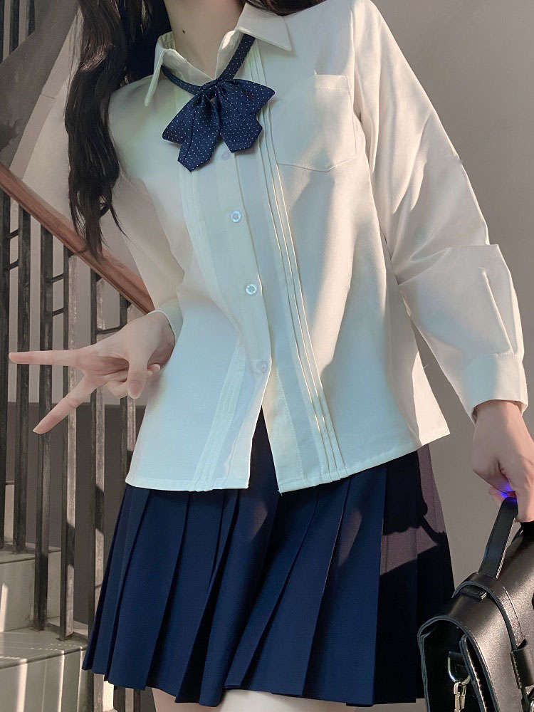 Accordion Pleated Long Sleeve & Short Sleeve JK Shirt Set - Basic Student Uniform for Women, Spring Autumn College Style Accordion Pleated Long Sleeve & Short Sleeve JK Shirt Set - Basic Student Uniform for Women, Spring Autumn College Style