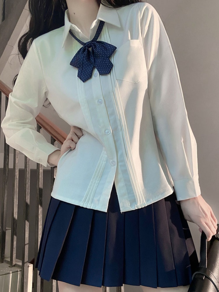 Accordion Pleated Long Sleeve & Short Sleeve JK Shirt Set - Basic Student Uniform for Women, Spring Autumn College Style Accordion Pleated Long Sleeve & Short Sleeve JK Shirt Set - Basic Student Uniform for Women, Spring Autumn College Style