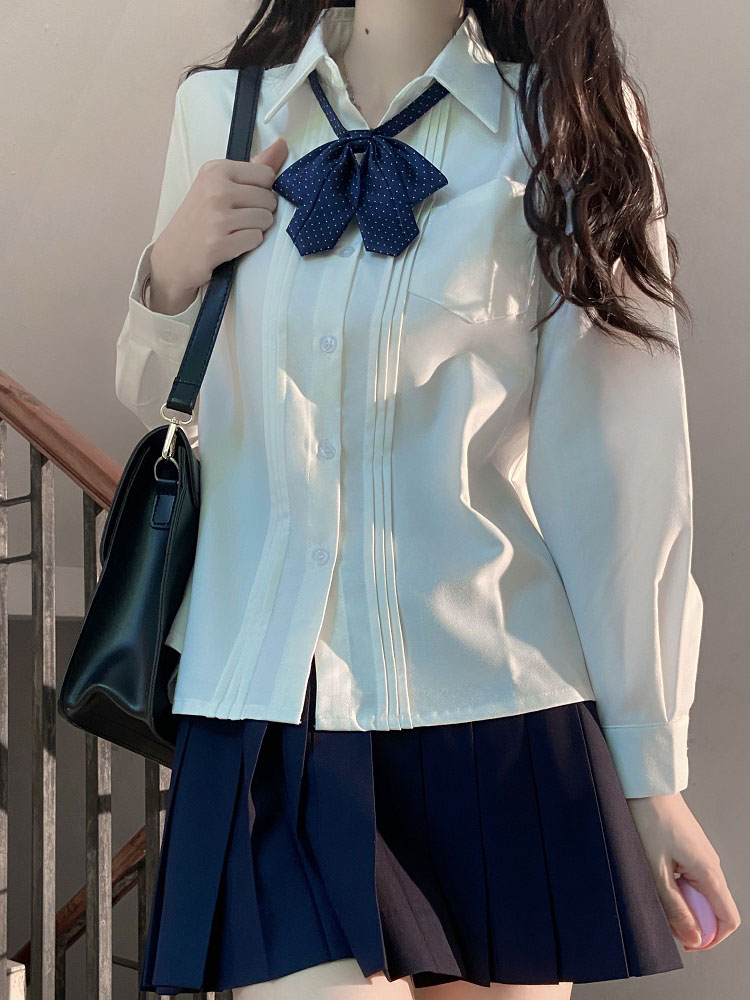 Accordion Pleated Long Sleeve & Short Sleeve JK Shirt Set - Basic Student Uniform for Women, Spring Autumn College Style Accordion Pleated Long Sleeve & Short Sleeve JK Shirt Set - Basic Student Uniform for Women, Spring Autumn College Style