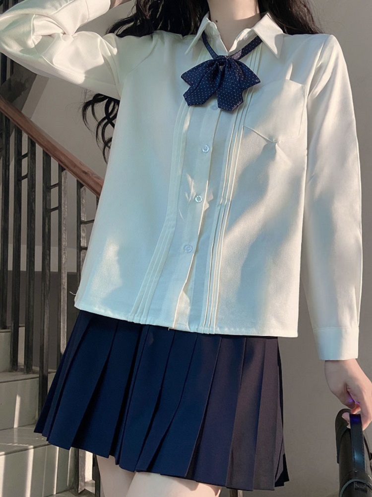 Accordion Pleated Long Sleeve & Short Sleeve JK Shirt Set - Basic Student Uniform for Women, Spring Autumn College Style Accordion Pleated Long Sleeve & Short Sleeve JK Shirt Set - Basic Student Uniform for Women, Spring Autumn College Style