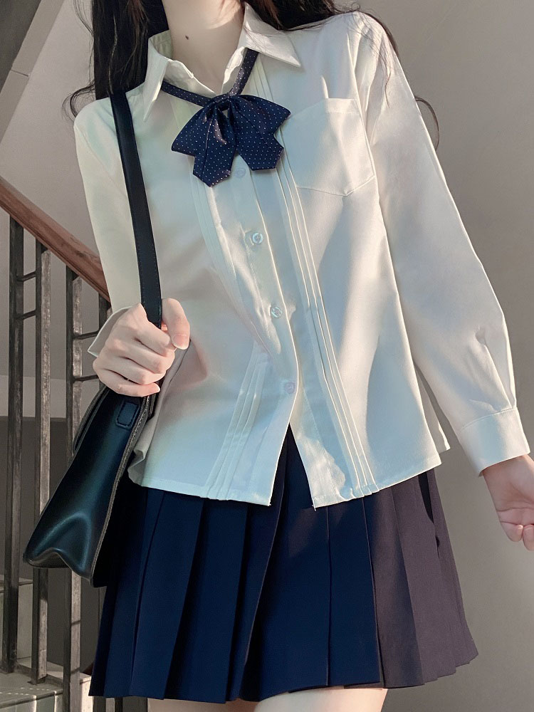 Accordion Pleated Long Sleeve & Short Sleeve JK Shirt Set - Basic Student Uniform for Women, Spring Autumn College Style Accordion Pleated Long Sleeve & Short Sleeve JK Shirt Set - Basic Student Uniform for Women, Spring Autumn College Style