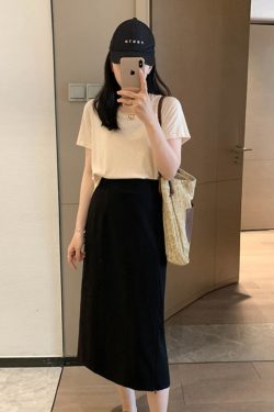 Adjustable Slit Half-Length Skirt with Elastic Back and Zipper - Mid-Length Straight H-Line Suit Skirt