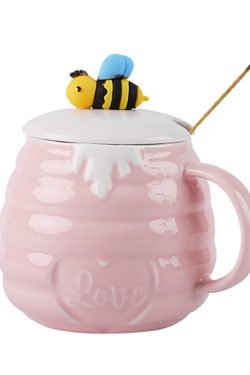 Adorable Bee Ceramic Mug with Lid & Spoon, Cute Coffee Cup for Girls, Perfect Birthday Gift for Best Friends