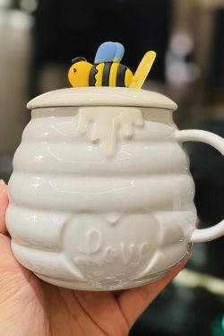 Adorable Bee Ceramic Mug with Lid & Spoon, Cute Coffee Cup for Girls, Perfect Birthday Gift for Best Friends