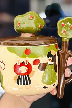 Adorable Ceramic Apple Tree Girl Mug with Lid and Spoon - Artistic High-Value Coffee Cup for Home and Office Use