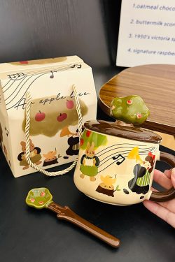 Adorable Ceramic Apple Tree Girl Mug with Lid and Spoon - Artistic High-Value Coffee Cup for Home and Office Use