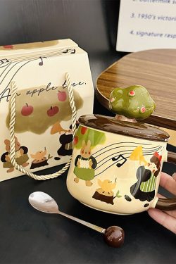 Adorable Ceramic Apple Tree Girl Mug with Lid and Spoon - Artistic High-Value Coffee Cup for Home and Office Use