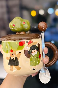 Adorable Ceramic Apple Tree Girl Mug with Lid and Spoon - Artistic High-Value Coffee Cup for Home and Office Use