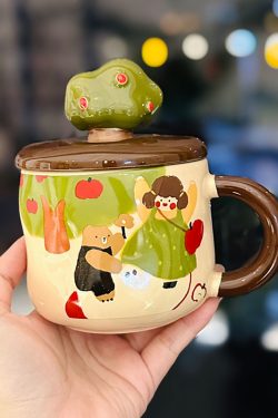 Adorable Ceramic Apple Tree Girl Mug with Lid and Spoon - Artistic High-Value Coffee Cup for Home and Office Use