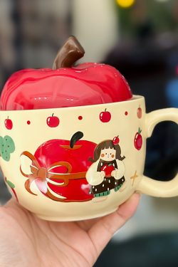 Adorable Ceramic Apple Tree Girl Mug with Lid and Spoon - Artistic High-Value Coffee Cup for Home and Office Use