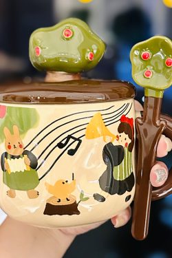 Adorable Ceramic Apple Tree Girl Mug with Lid and Spoon - Artistic High-Value Coffee Cup for Home and Office Use