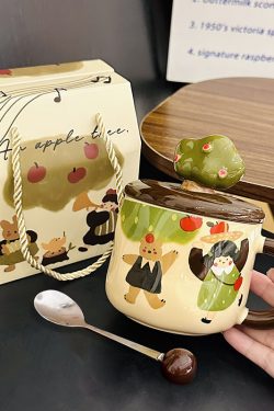 Adorable Ceramic Apple Tree Girl Mug with Lid and Spoon - Artistic High-Value Coffee Cup for Home and Office Use
