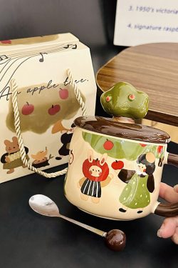 Adorable Ceramic Apple Tree Girl Mug with Lid and Spoon - Artistic High-Value Coffee Cup for Home and Office Use