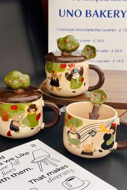 Adorable Ceramic Apple Tree Girl Mug with Lid and Spoon - Artistic High-Value Coffee Cup for Home and Office Use