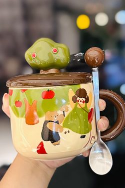 Adorable Ceramic Apple Tree Girl Mug with Lid and Spoon - Artistic High-Value Coffee Cup for Home and Office Use