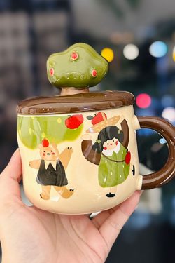 Adorable Ceramic Apple Tree Girl Mug with Lid and Spoon - Artistic High-Value Coffee Cup for Home and Office Use