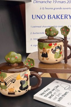 Adorable Ceramic Apple Tree Girl Mug with Lid and Spoon - Artistic High-Value Coffee Cup for Home and Office Use