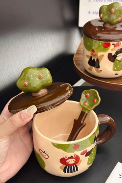 Adorable Ceramic Apple Tree Girl Mug with Lid and Spoon - Artistic High-Value Coffee Cup for Home and Office Use