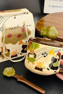 Adorable Ceramic Apple Tree Girl Mug with Lid and Spoon - Artistic High-Value Coffee Cup for Home and Office Use