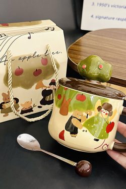 Adorable Ceramic Apple Tree Girl Mug with Lid and Spoon - Artistic High-Value Coffee Cup for Home and Office Use