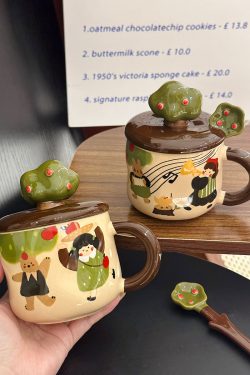 Adorable Ceramic Apple Tree Girl Mug with Lid and Spoon - Artistic High-Value Coffee Cup for Home and Office Use