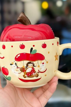 Adorable Ceramic Apple Tree Girl Mug with Lid and Spoon - Artistic High-Value Coffee Cup for Home and Office Use