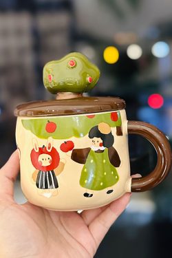 Adorable Ceramic Apple Tree Girl Mug with Lid and Spoon - Artistic High-Value Coffee Cup for Home and Office Use