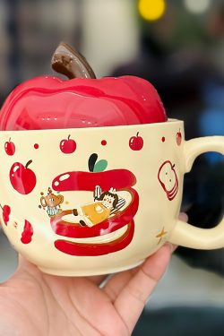 Adorable Ceramic Apple Tree Girl Mug with Lid and Spoon - Artistic High-Value Coffee Cup for Home and Office Use