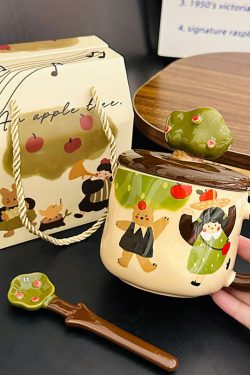 Adorable Ceramic Apple Tree Girl Mug with Lid and Spoon - Artistic High-Value Coffee Cup for Home and Office Use