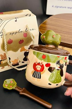 Adorable Ceramic Apple Tree Girl Mug with Lid and Spoon - Artistic High-Value Coffee Cup for Home and Office Use
