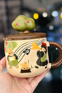 Adorable Ceramic Apple Tree Girl Mug with Lid and Spoon - Artistic High-Value Coffee Cup for Home and Office Use