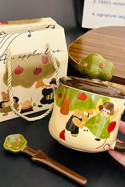 Adorable Ceramic Apple Tree Girl Mug with Lid and Spoon - Artistic High-Value Coffee Cup for Home and Office Use