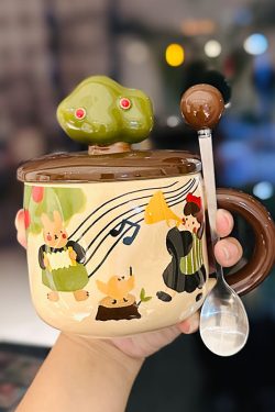 Adorable Ceramic Apple Tree Girl Mug with Lid and Spoon - Artistic High-Value Coffee Cup for Home and Office Use