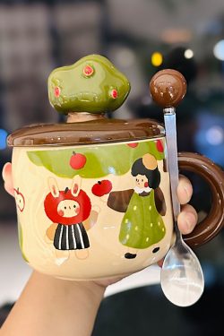 Adorable Ceramic Apple Tree Girl Mug with Lid and Spoon - Artistic High-Value Coffee Cup for Home and Office Use