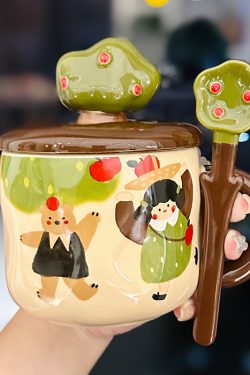 Adorable Ceramic Apple Tree Girl Mug with Lid and Spoon - Artistic High-Value Coffee Cup for Home and Office Use