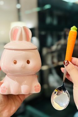 Adorable Ceramic Rabbit-Shaped Mug with Lid and Spoon - Perfect for Dorms, Water, Coffee, and Tea Lovers