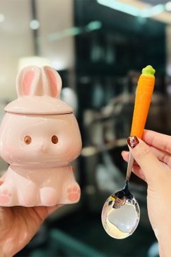 Adorable Ceramic Rabbit-Shaped Mug with Lid and Spoon - Perfect for Dorms, Water, Coffee, and Tea Lovers