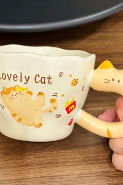 Adorable Orange Cat Girl Ceramic Drinking Cup - Cute Office Tea and Coffee Mug for Breakfast, Perfect Gift for Cat Lovers