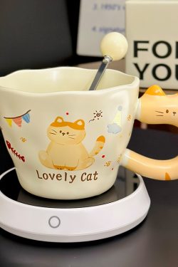 Adorable Orange Cat Girl Ceramic Drinking Cup - Cute Office Tea and Coffee Mug for Breakfast, Perfect Gift for Cat Lovers