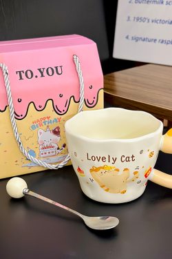 Adorable Orange Cat Girl Ceramic Drinking Cup - Cute Office Tea and Coffee Mug for Breakfast, Perfect Gift for Cat Lovers