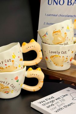 Adorable Orange Cat Girl Ceramic Drinking Cup - Cute Office Tea and Coffee Mug for Breakfast, Perfect Gift for Cat Lovers