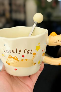 Adorable Orange Cat Girl Ceramic Drinking Cup - Cute Office Tea and Coffee Mug for Breakfast, Perfect Gift for Cat Lovers