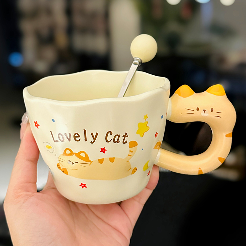 Adorable Orange Cat Girl Ceramic Drinking Cup - Cute Office Tea and Coffee Mug for Breakfast, Perfect Gift for Cat Lovers Adorable Orange Cat Girl Ceramic Drinking Cup - Cute Office Tea and Coffee Mug for Breakfast, Perfect Gift for Cat Lovers